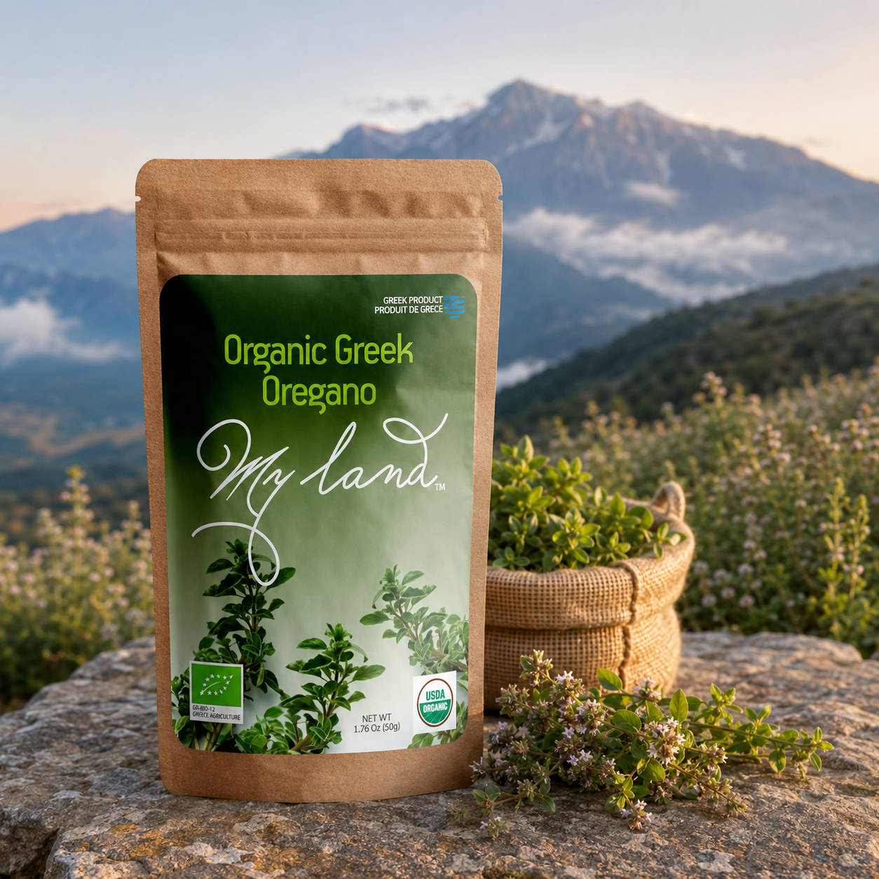 My Land organic Greek oregano kraft pouch on a rock with Mt. Olympus and wild oregano in bloom behind