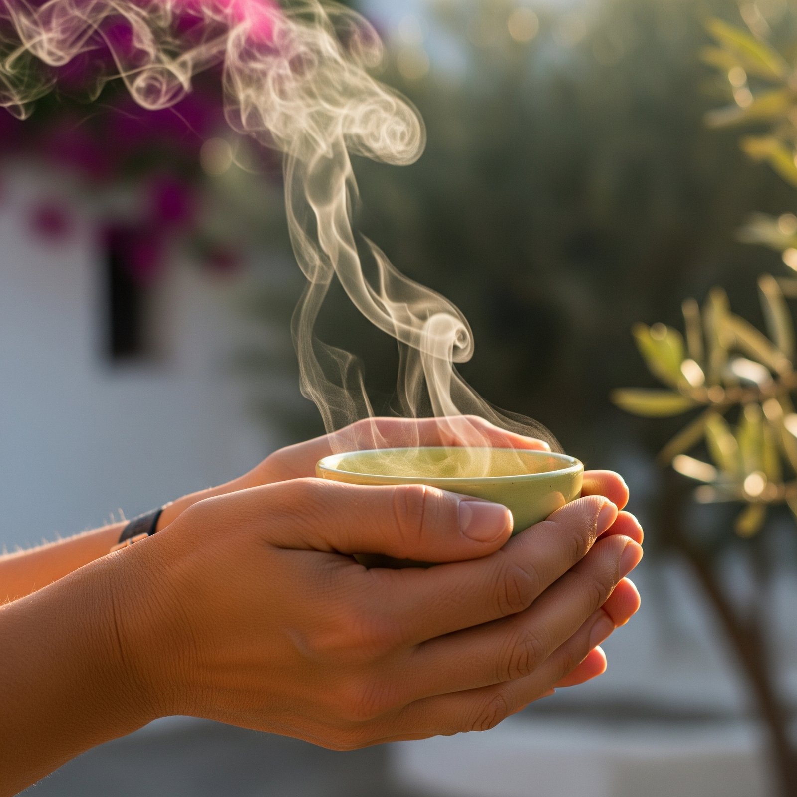 Hands holding a steaming bowl with a blurred outdoor background