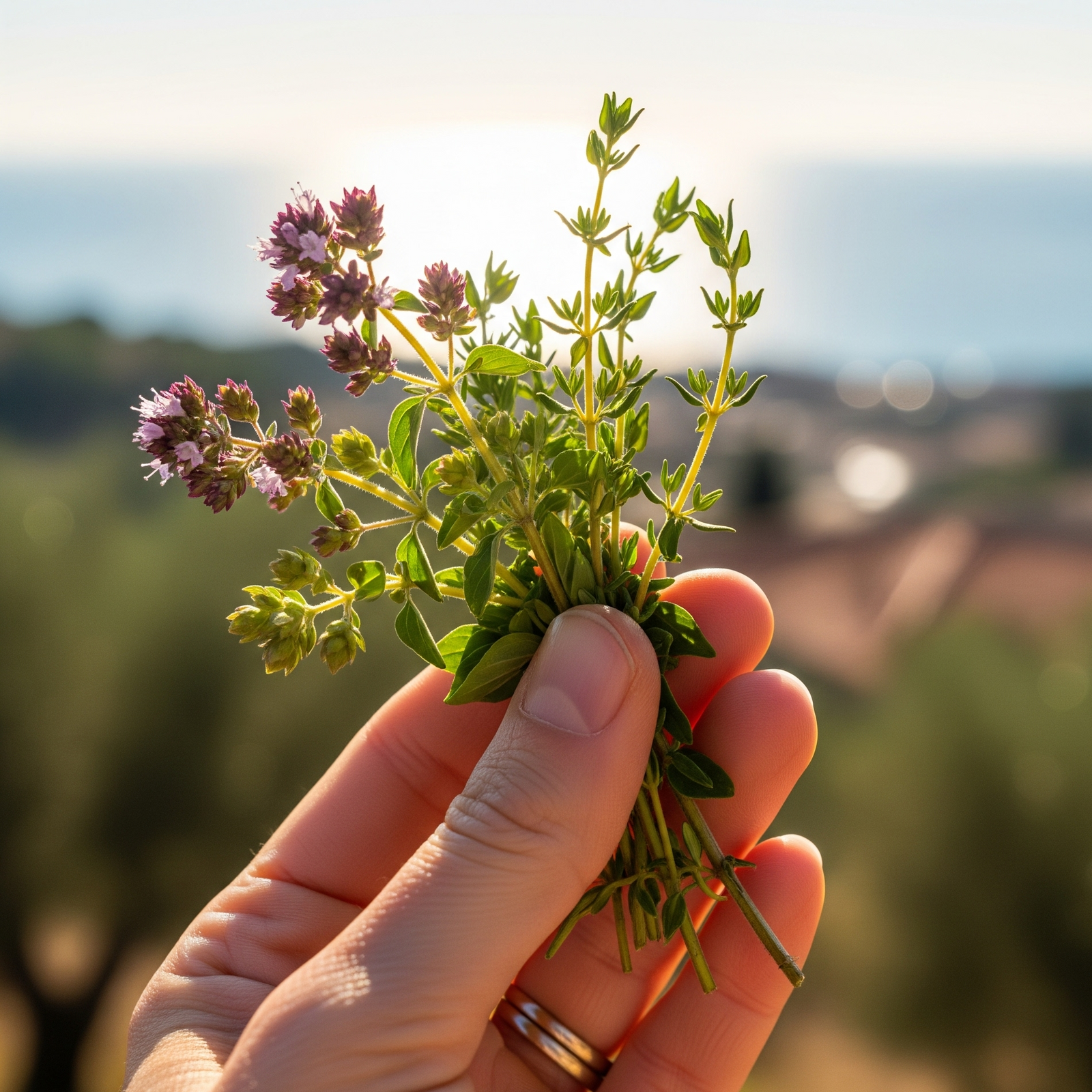 Hand holding a bundle of fresh herbs with a blurred natural background
