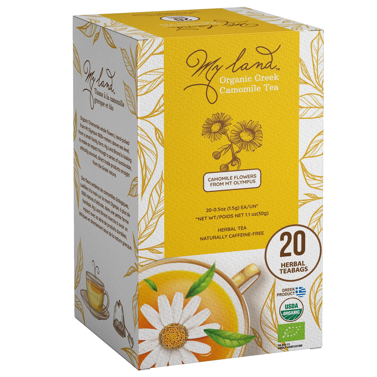 My Land Greek Chamomile Whole Flower Tea Bags packaging