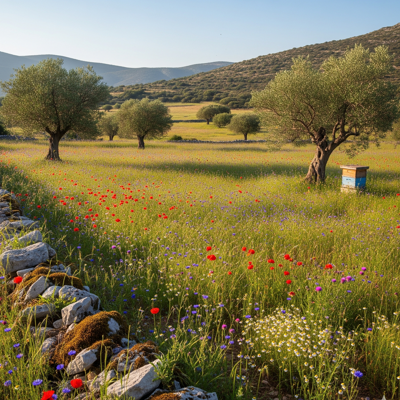 greek nature with olive threes beehives chamomile and herbs