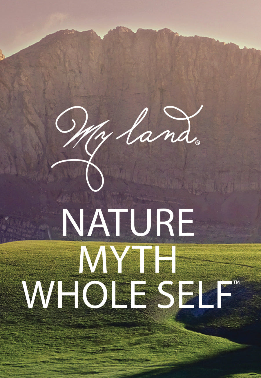 Mountain landscape with green field and 'My Land' branding