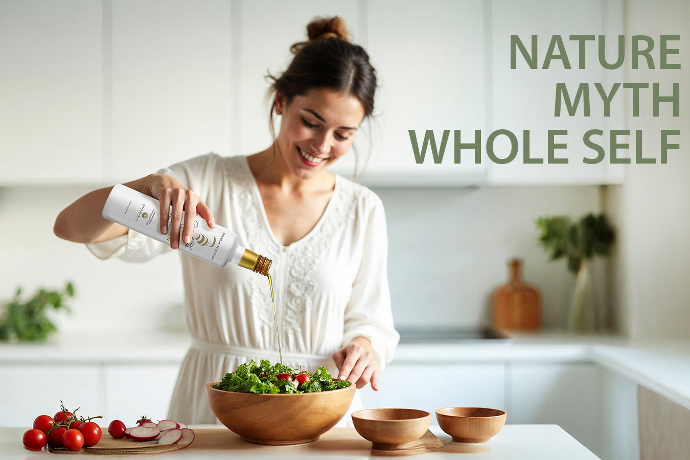 a woman using My and olive oil in salad