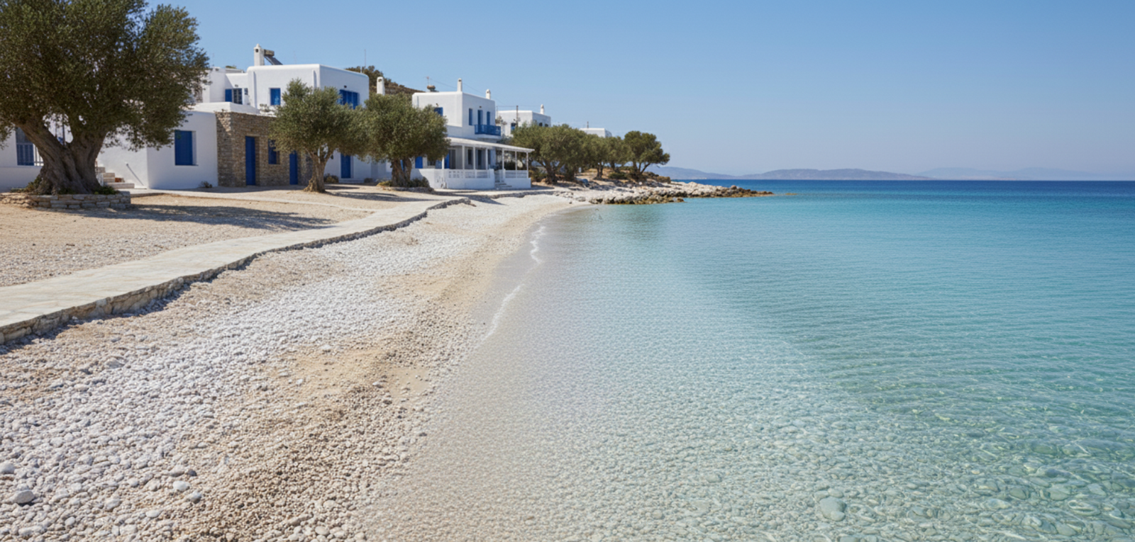 Beach scene with clear blue water and white buildings.