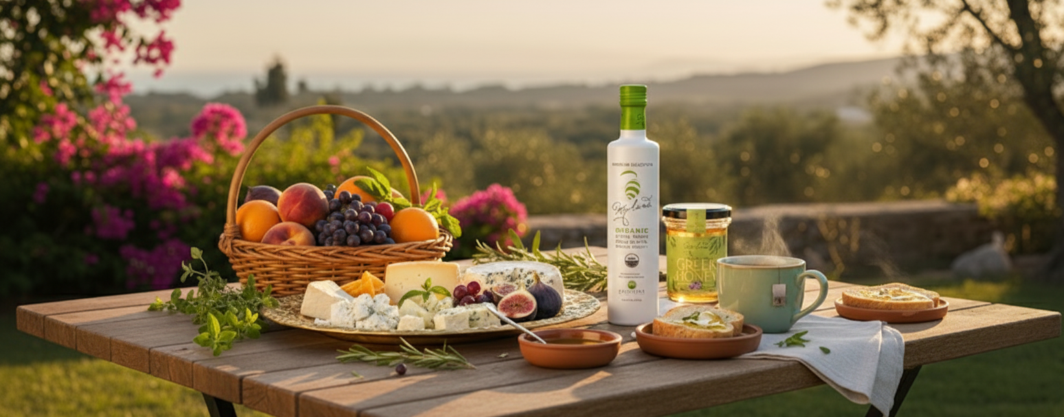 Outdoor picnic setup with fruits, cheese, and a bottle of olive oil on a wooden table.