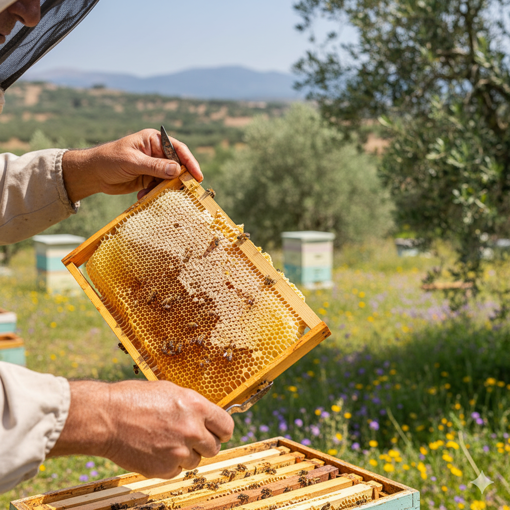 Person holding a honeycomb frame with bees in an outdoor setting