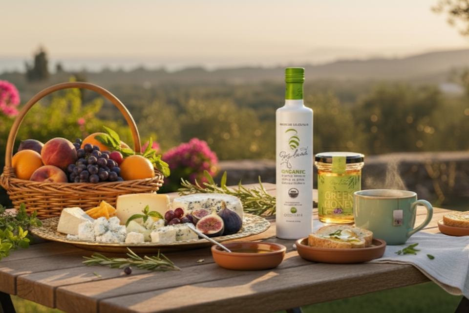 Outdoor picnic setup with a bottle of olive oil, fruits, cheese, and bread on a wooden table.