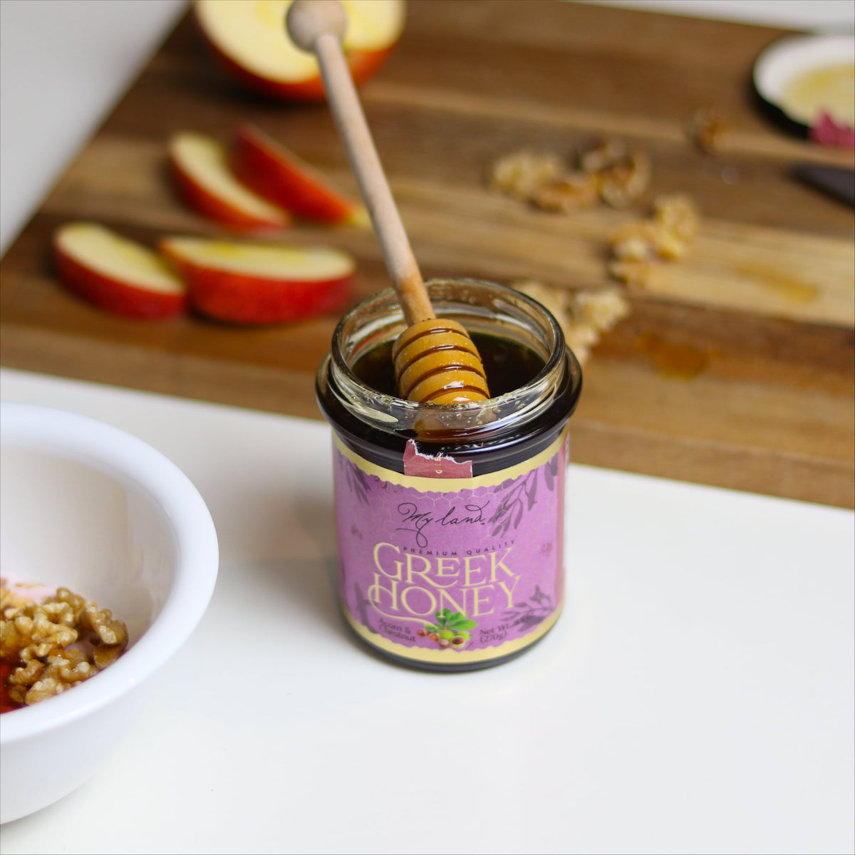 Acorn and chestnut Greek honey with Greek yogurt apple slices and nuts | My Land