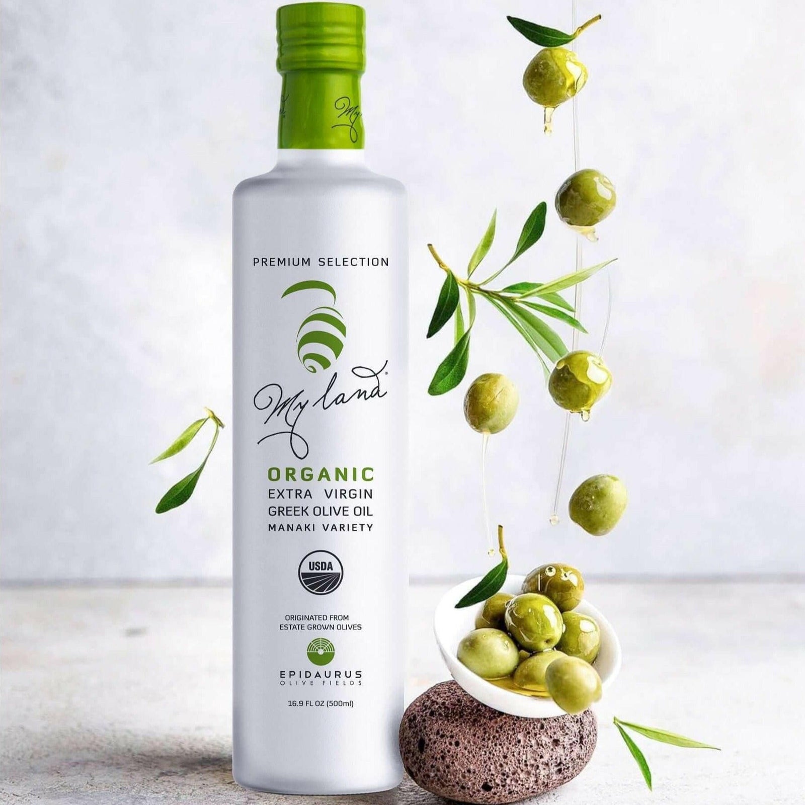 Organic Extra Virgin Olive Oil, Manaki, 17 Fl Oz Glass Bottle MY LAND